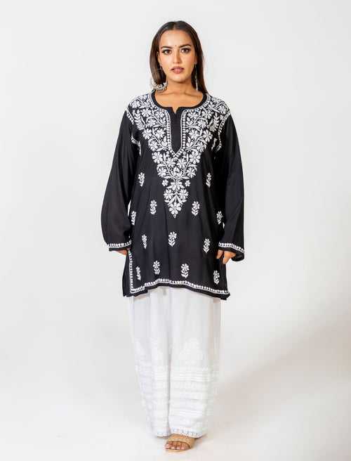 Lucknow Chikan Emporium Super Soft Fine modal Chikankari Kurti Black Colour.