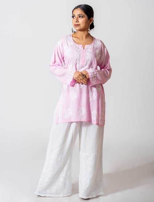 Lucknow Chikan Emporium Super Soft Fine Modal Chikankari Kurti Pink Colour.