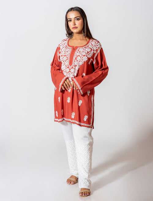 Lucknow Chikan Emporium Super Soft Fine Modal Chikankari Kurti Brown Colour.