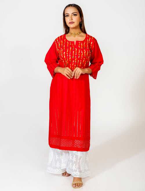Red Hand Embroided Skin Friendly Cotton Chikankari Kurti Lucknow Chikan Emporium.