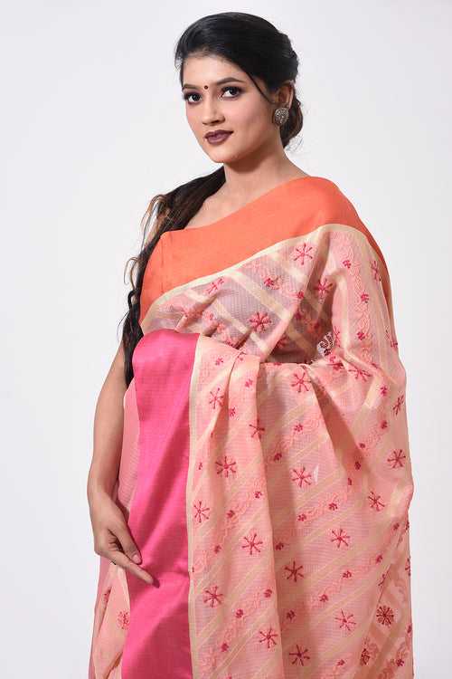 Lucknow Chikan Emporium Hand Chikankari cotton chanderi pink  colour saree