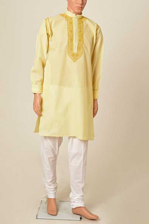 Nice Hand Chikankari cotton light yellow colour gents kurta Lucknow Chikan Emporium