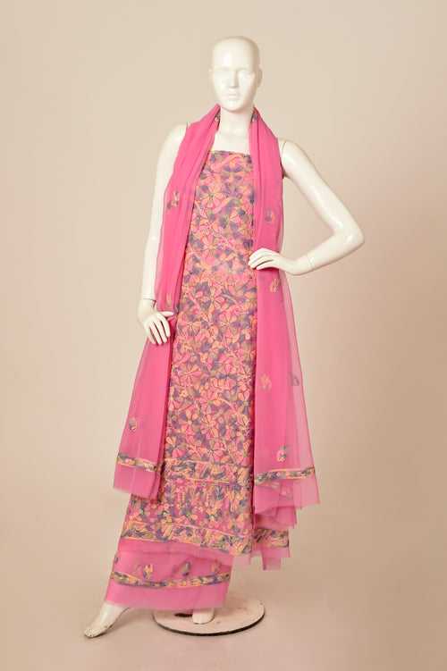 Hand Embroidered Lucknowi Chikan Semi Georgette Pink Color Unstitched Suits