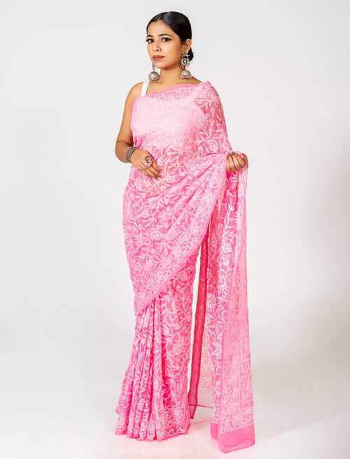 Lucknow Chikan Emporium Cotton Saree Pink Colour With Same Colour Blouse piece included.