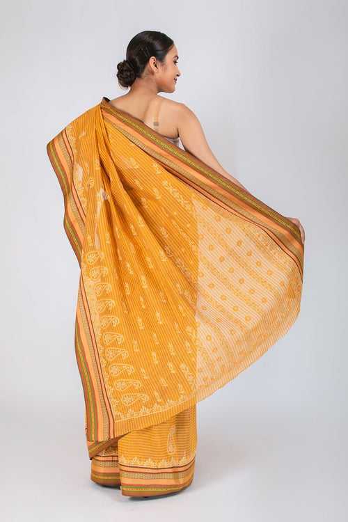 Lucknow Chikan Emporium Chanderi Cotton Mustard  Color Saree With Blouse