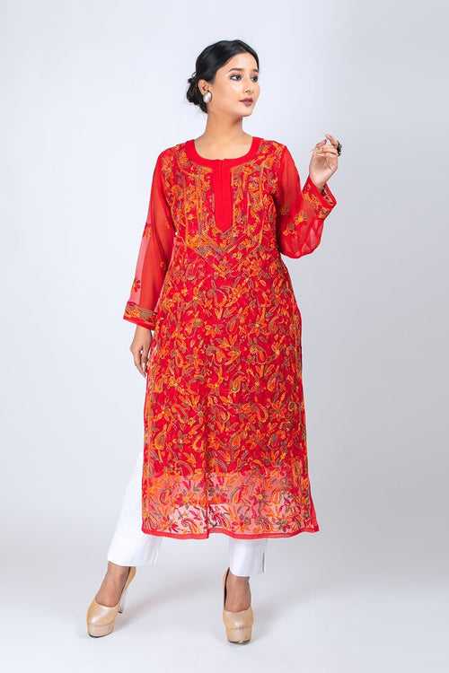 Lucknow Chikan Emporium Hand Chikankari Lucknowi Semi Georgette  Kurti (Bright Red Color)