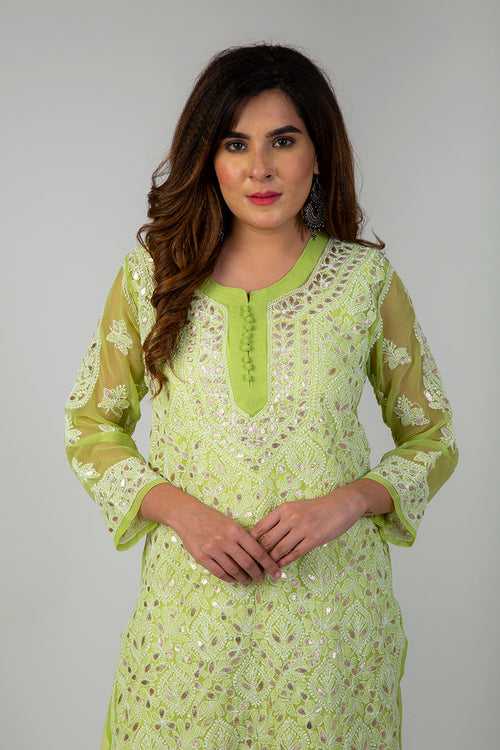 Lucknow Chikan Emporium Hand Chikankari  Kurti (Leaf Green Color)