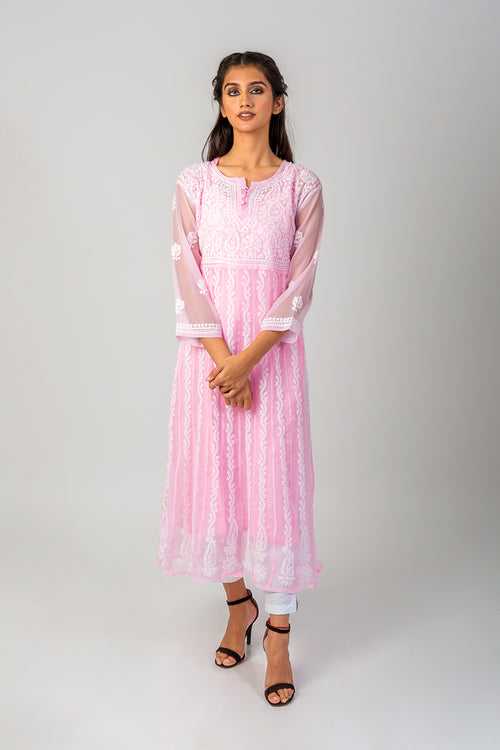 Lucknow Chikan Emporium Hand Chikankari Semi Georgette pink Anarkali Kurti