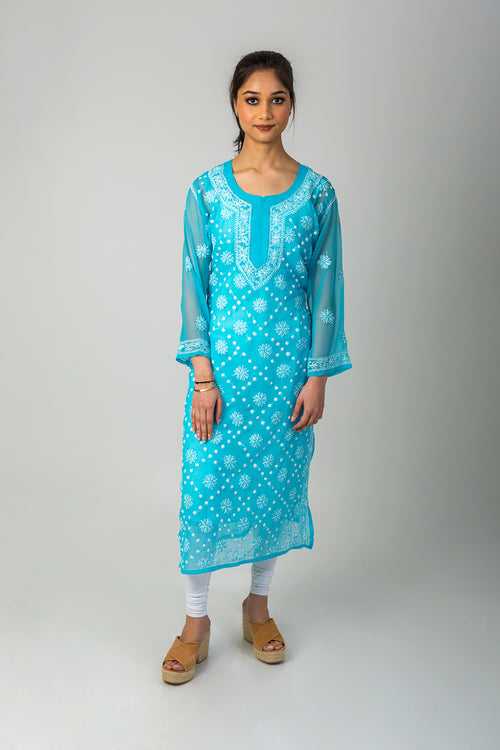 (Blue Colour) Hand Chikankari Semi Georgette kurti Lucknow Chikan Emporium.