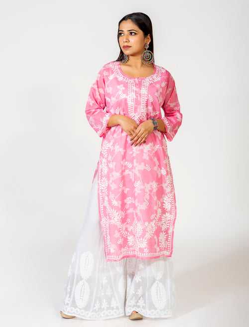 Pink Hand Embroided Skin Friendly Cotton Chikankari Kurti Lucknow Chikan Emporium.