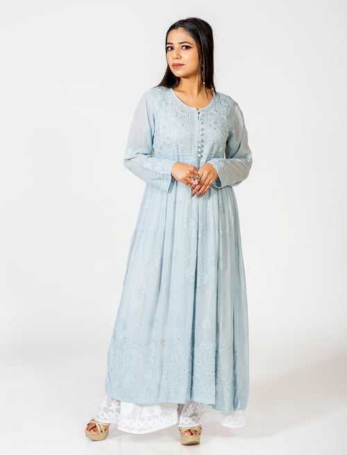 Lucknow Chikan Emporium Skin Friendly Viscose Chikankari Kurti Nice Grey Colour.