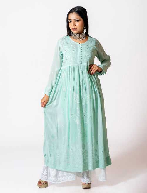 Lucknow Chikan Emporium Skin Friendly Viscose Chikankari Kurti Nice Green Colour.