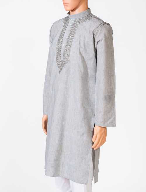 Lucknow Chikan Emporium Cotton Grey Colour Gents Kurta Fancy Hand Chikankari.