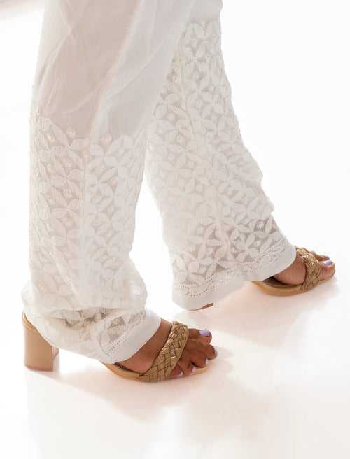 Soft Skin Friendly Dyable Viscose Pant Palazoo With Resham Thread Hand Chikan Embroided Lucknow Chikan Emporium.