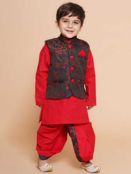 Kids Cotton Printed Red Dhoti Kurta Set For Boys With Waistcoat