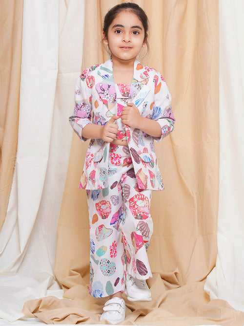 AJ Dezines Three Fourth sleeves Pink Color Printed Cotton Top Pant and Jacket for Girls