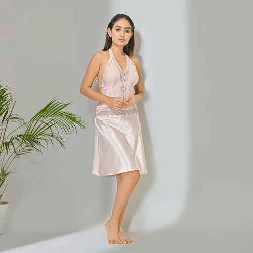 Stylish Short Korean Satin Nighty in Elegant Light Peach for Women