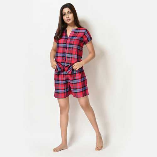 Women Red And Blue Checks Top and Short Cotton Rayon Nightwear Set