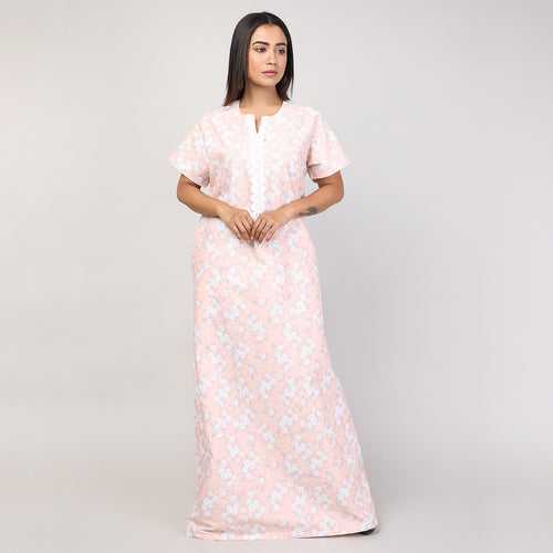 Women Peach Floral Cotton Cambric Nighty