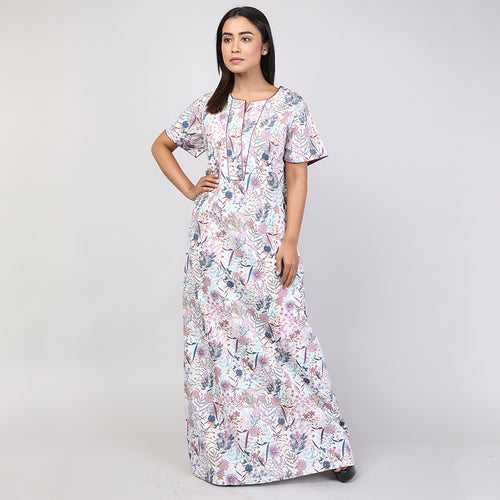 Women White Floral Cotton Cambric Nighty