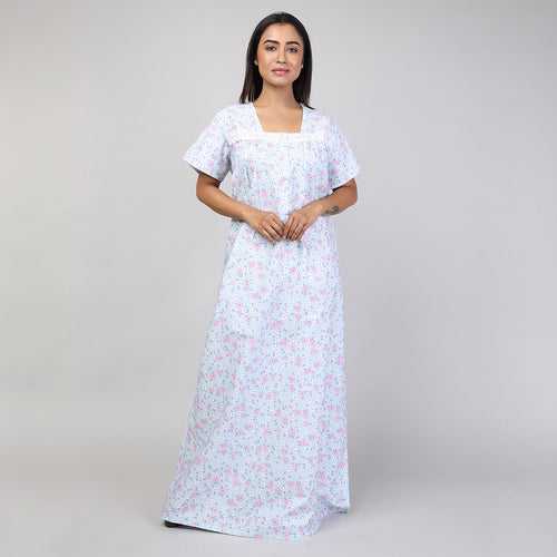 Women Printed Light Blue Cotton Cambric Nighty