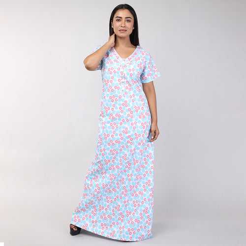 Women Blue Floral Machine Embroidery Cotton Nighty