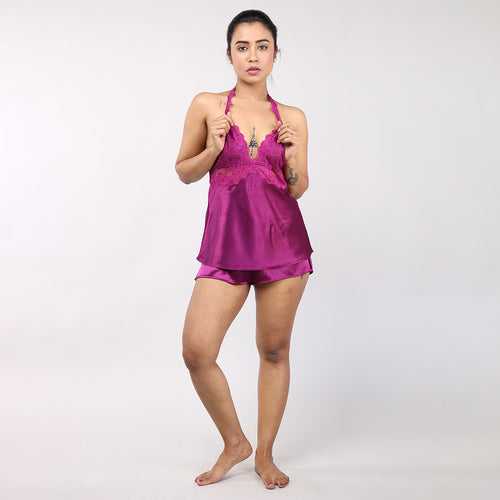 Celebrate Comfort and Style with our Purple Satin Halter Neck Shorts Set for Women