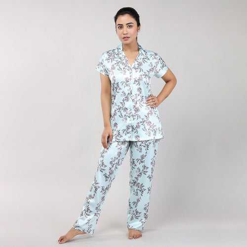 Stylish Light Green Floral Print Satin Nightwear for Women