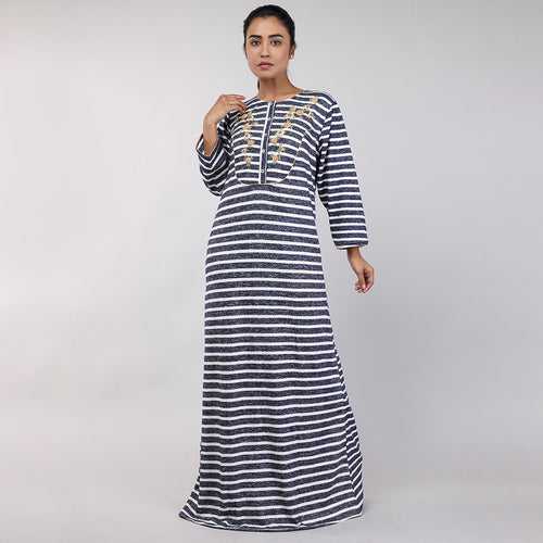 Women Navy Blue Stripes Hand Embroidery Knitted Winter Nighty