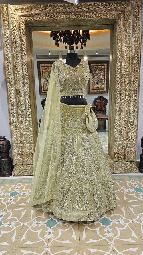 Pista Green Net Lehenga With Pearl, Mirror, Zari and Beads Work