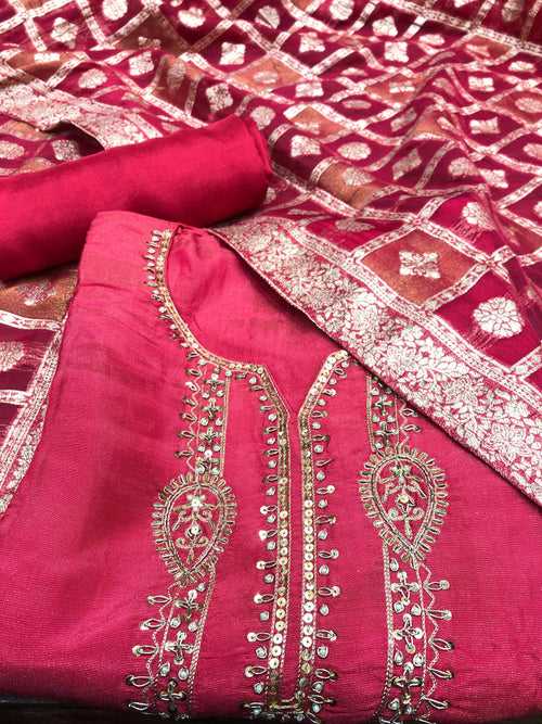 Pink Shimmer Silk Semi-Stich Suit With Hand Embroidery