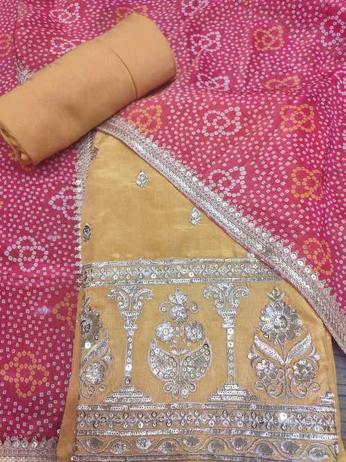 Yellow Shimmer Tissue Unstitched Suit With Golden Embroidery