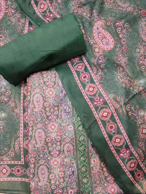 Beautiful Green Pashmina Unstitched Suit With Thread Embroidery