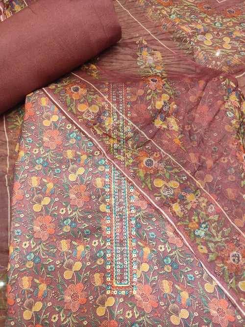 Brown Pashmina Unstitched Suit With Thread Embroidery