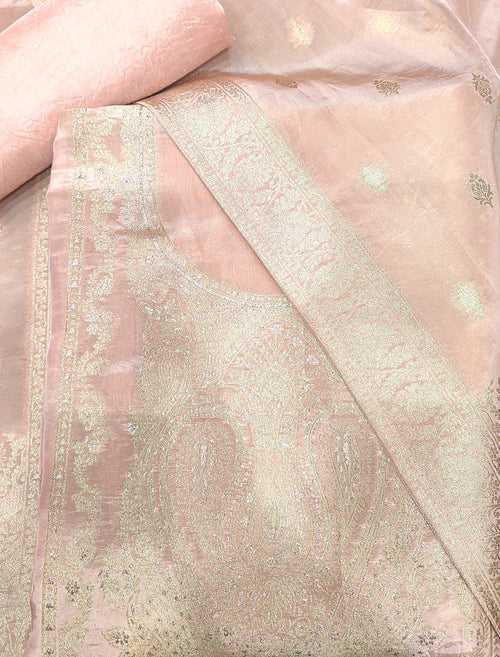 Pastel Peach Unstitched Suit With Kanjivaram work