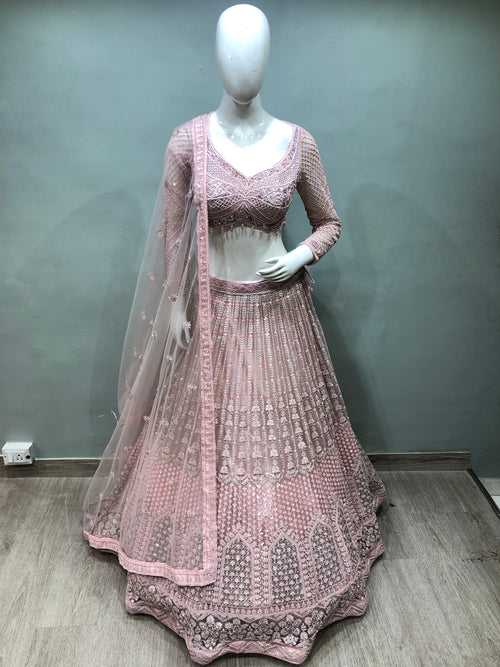 Pink Net Lehenga With Pearl And Sequence