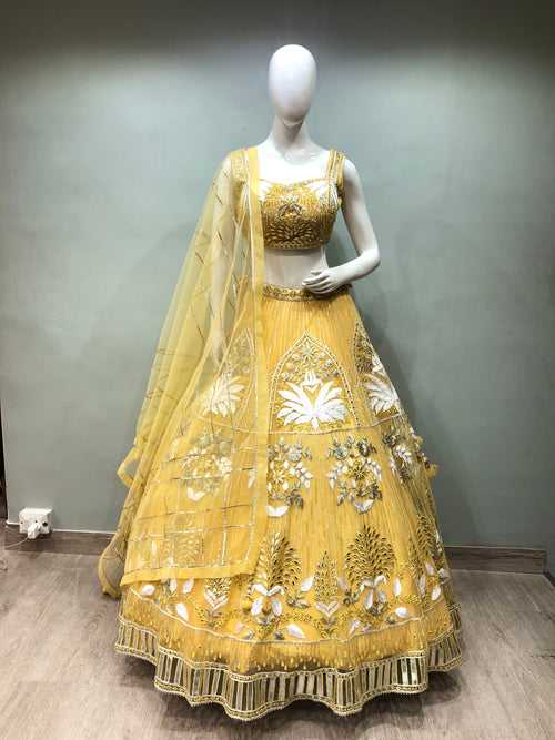 Yellow Net Lehenga With Gota And Mirror