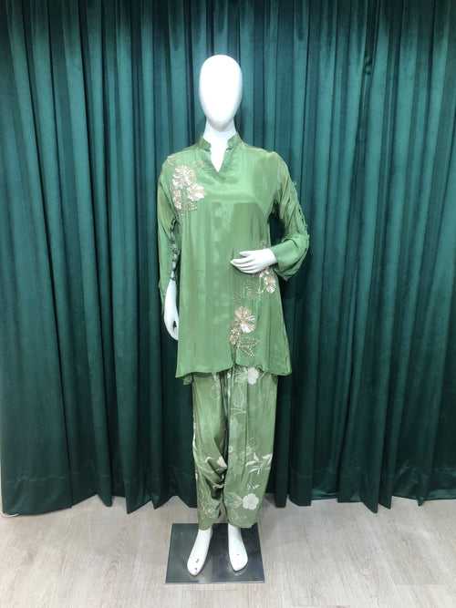 Mehandi Green Crepe Co ord Set With Sequins And Cutdana Work