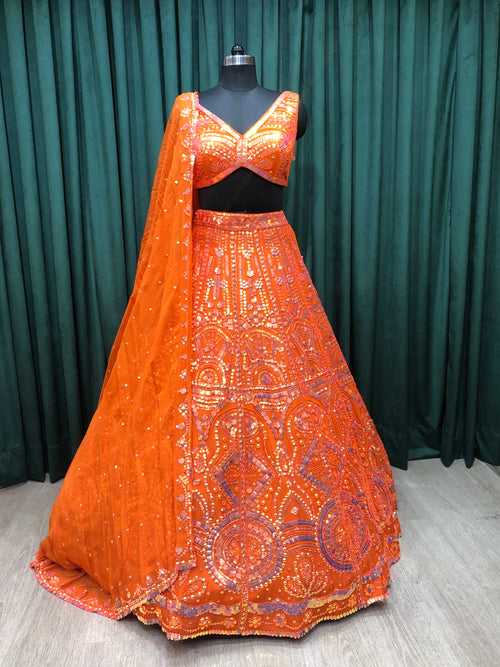 Orange Organza Lehenga Choli with Sequins Work