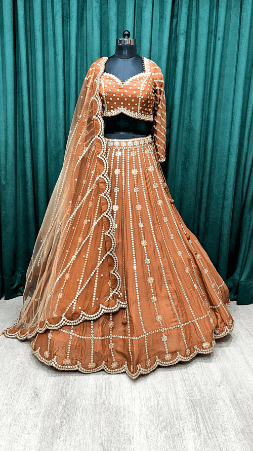 Brown Chinon Lehenga With Zari And Sequence