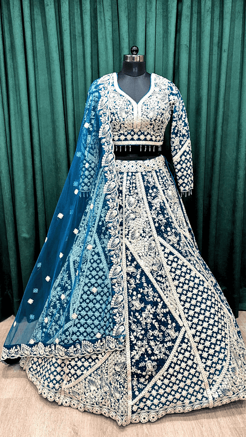 Blue Net Lehenga With White Thread And Sequence