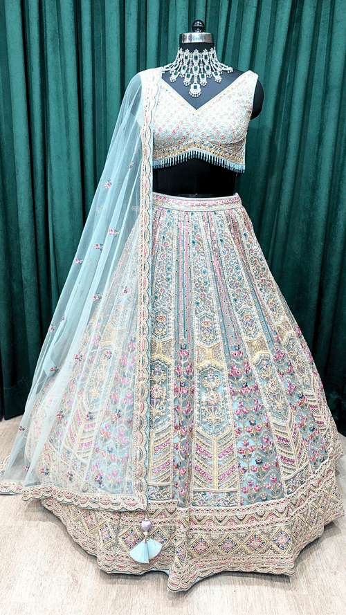 Sky Green Net Lehenga With Multi Zari And sequins