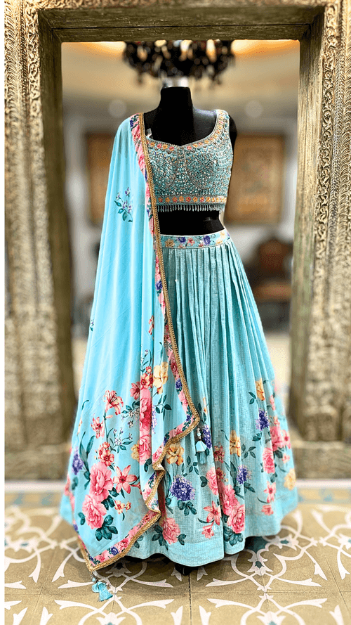 Georgette Floral Lehenga With Sequins, Thread, Mirror and Zardozi Work