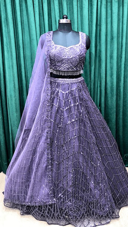 Purple Net Lehenga With Sequins And Cutdana