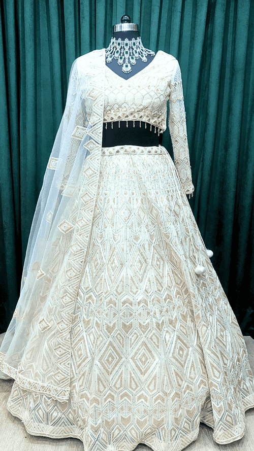 Off white Net Lehenga With Dori, Zari, and Cutdana