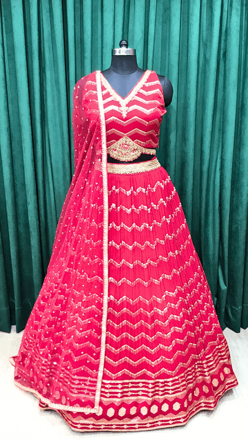 Cherry Red Wrinkle Georgette Lehenga With Sequins, Pulse, and Cut Dana