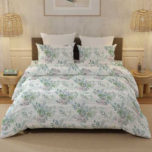 Double Premium Bedsheet Set 100 % Luxury Cotton Super King Size with 2 Pillow Covers Floral Design Green Colour - Impression Designer Collection