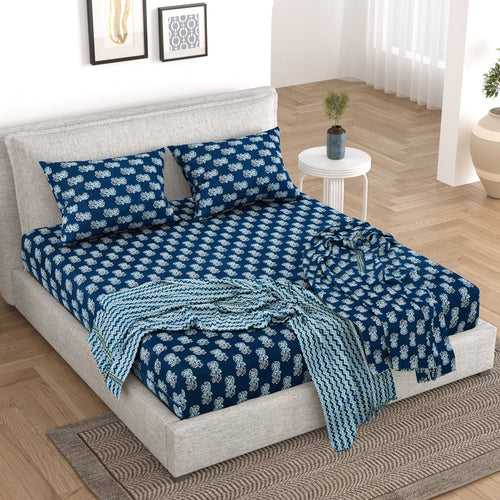 5 PC Bedding Set ( 1 Double Bedsheet with 2 Pillow Covers & 2 Single Dohar ) Floral Design Cotton Blue Colour - Kalamkari Collection