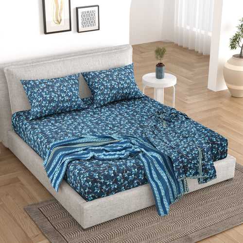 5 PC Bedding Set ( 1 Double Bedsheet with 2 Pillow Covers & 2 Single Dohar ) Floral Design Cotton Blue Colour - Kalamkari Collection