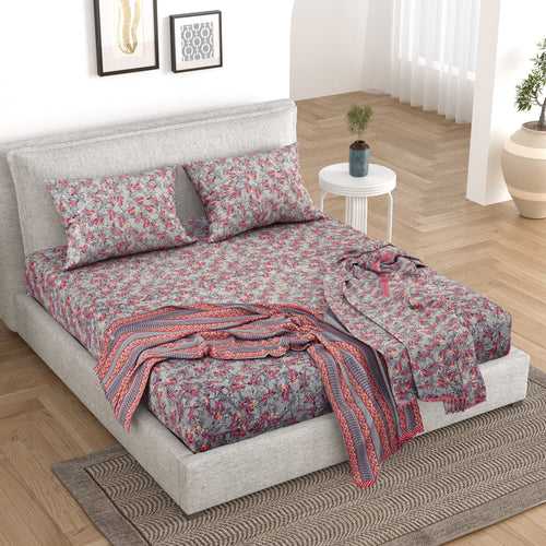5 PC Bedding Set ( 1 Double Bedsheet with 2 Pillow Covers & 2 Single Dohar ) Floral Design Cotton Multi Colour - Kalamkari Collection